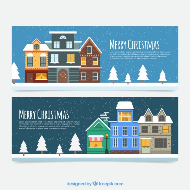 Merry christmas banners of flat houses with trees Vector | Free Download