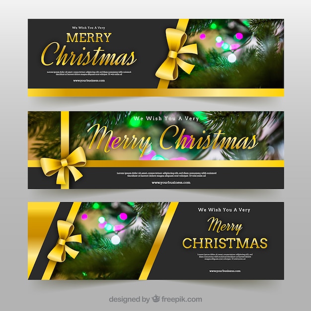 Free Vector | Merry christmas banners with golden bows