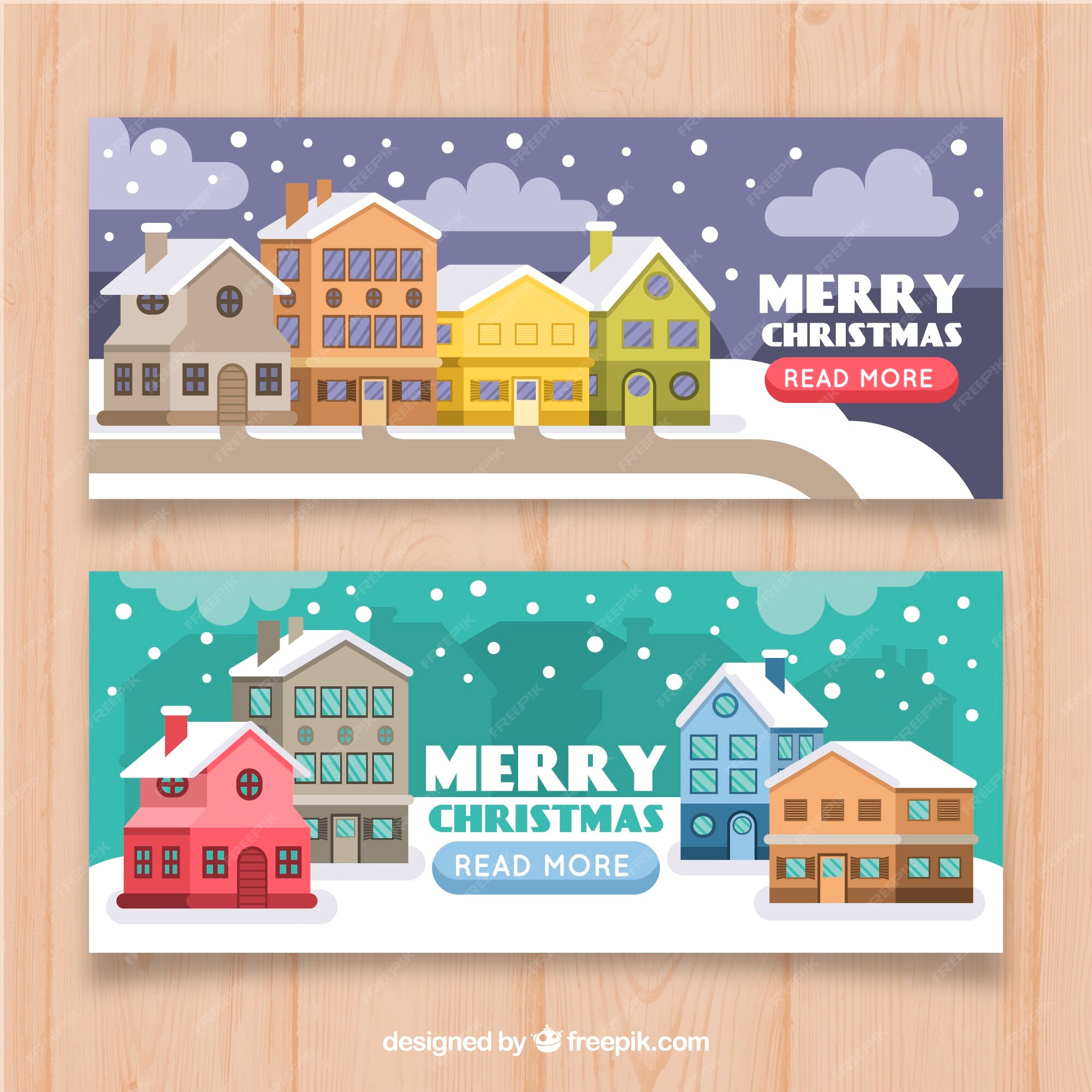 Free Vector | Merry christmas banners with snowy houses