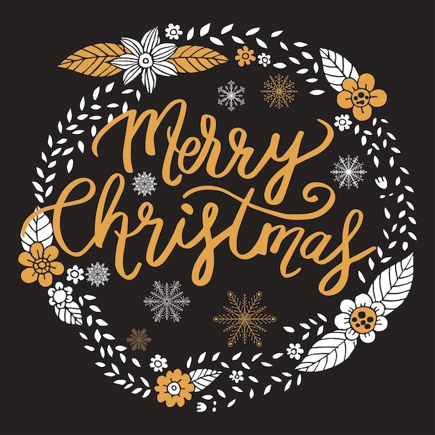 Premium Vector | Merry christmas, calligraphy with hand drawn wreath ...