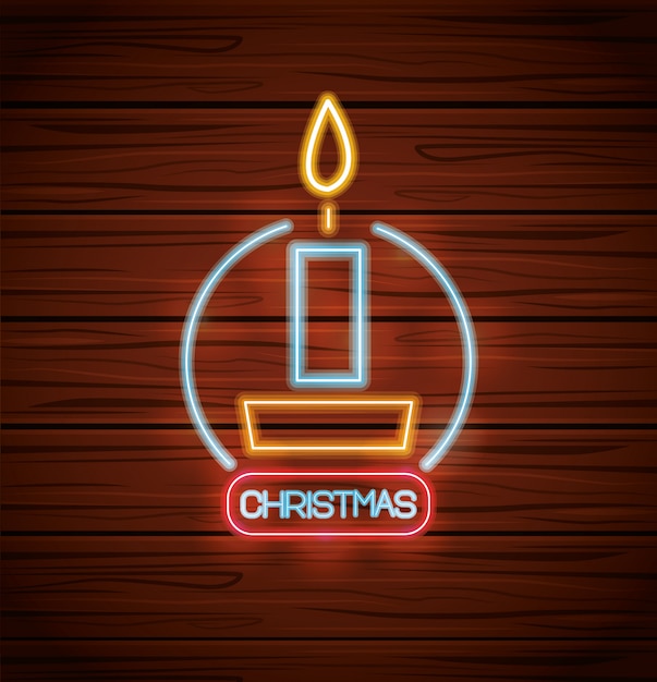 Premium Vector Merry Christmas Candle With Neon Lights On Wood