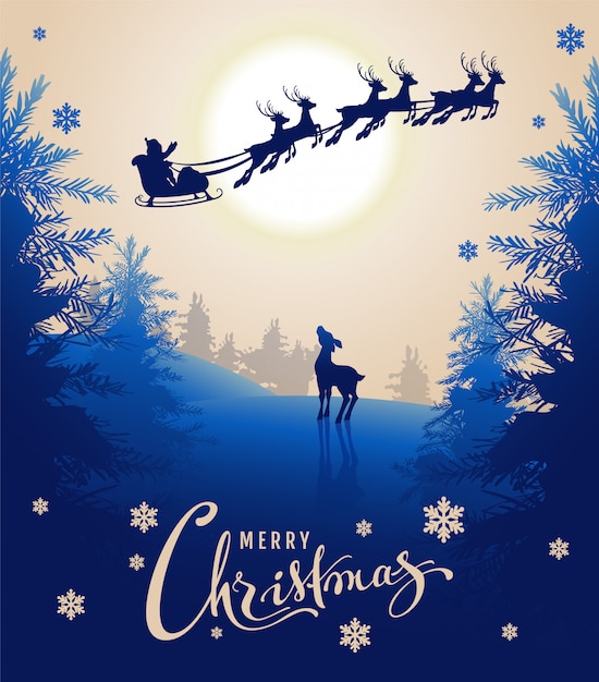 メリークリスマスカードのデザインテキスト 若い鹿は夜空にトナカイのシルエットサンタそりを見上げます 冬の妖精の森 プレミアムベクター