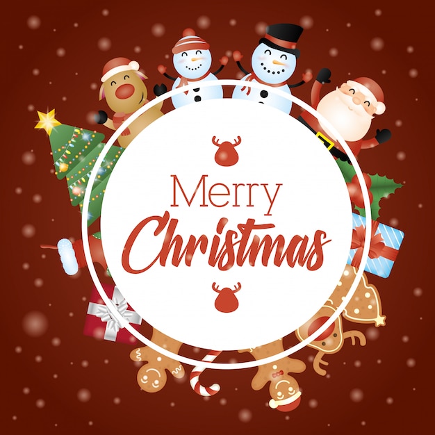 Merry christmas card with characters in circular frame Free Vector