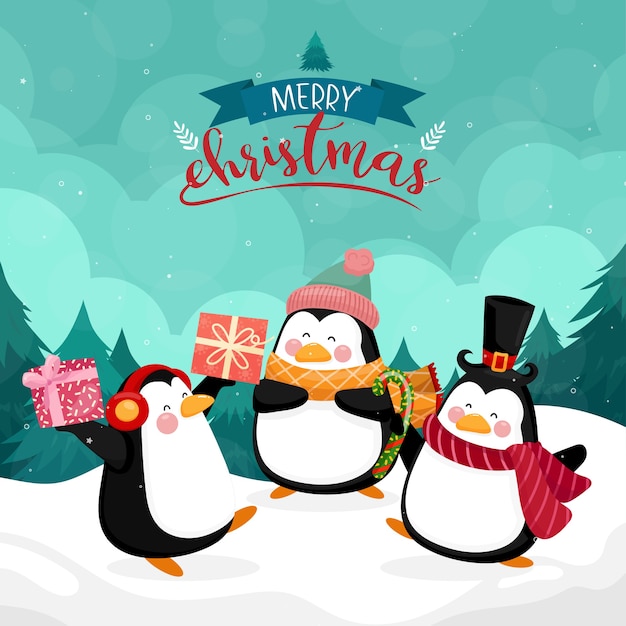 Free Vector | Merry christmas card with penguin on with mountain and pine