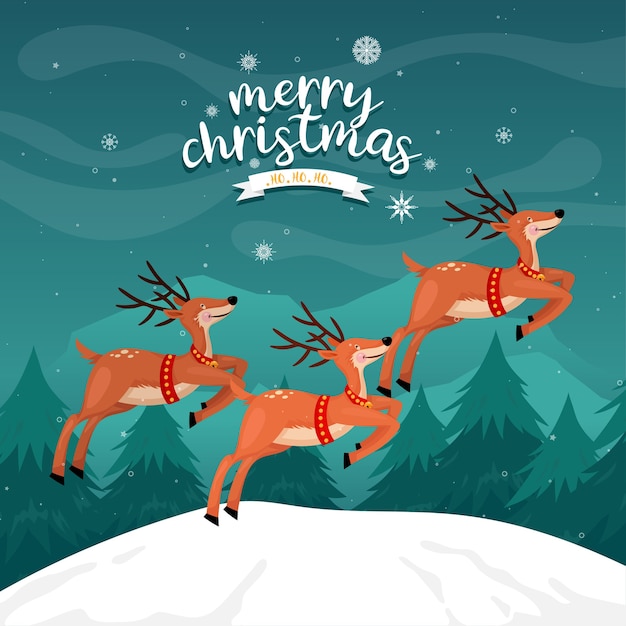 Free Vector | Merry christmas card with reindeer on the mountain with pine