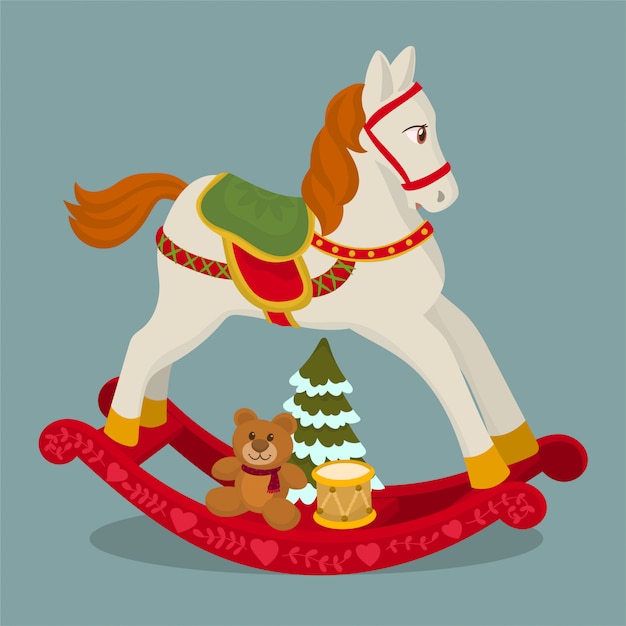 Download Merry christmas card with rocking horse | Premium Vector