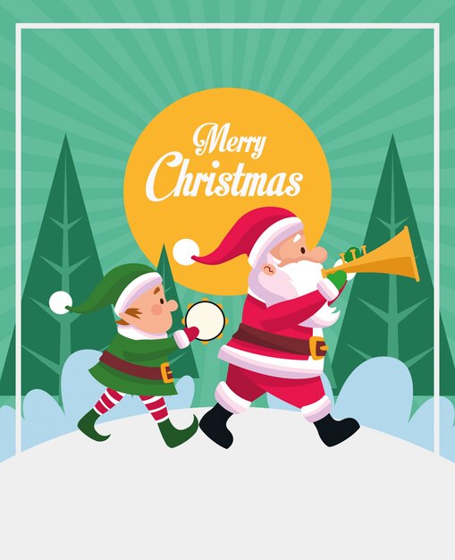 サンタクロースと楽器演奏エルフのメリークリスマスカードベクトルイラスト プレミアムベクター