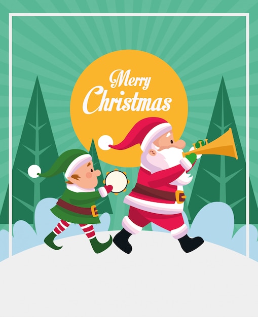 Download Premium Vector Merry Christmas Card With Santa Claus And Elf Playing Instruments Vector Illustration Yellowimages Mockups