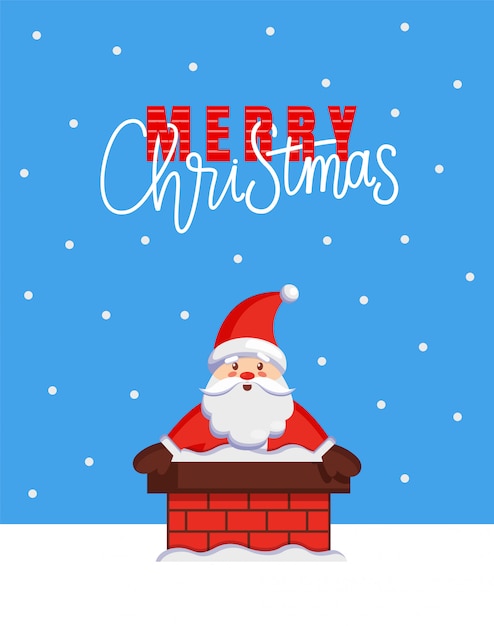Merry christmas card with santa look from chimney Premium Vector