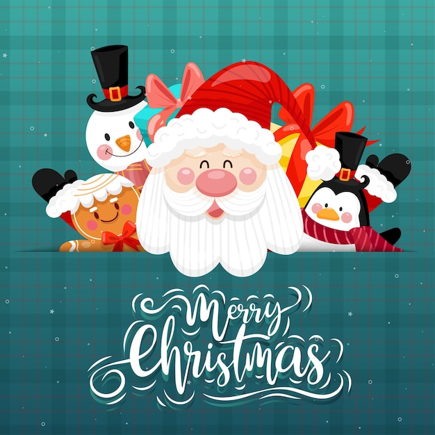 Free Vector Merry christmas card with santa, snowman