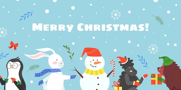 メリークリスマスのお祝いフラットベクトルイラスト ハッピークリスマスの漫画の動物の仲間 プレミアムベクター