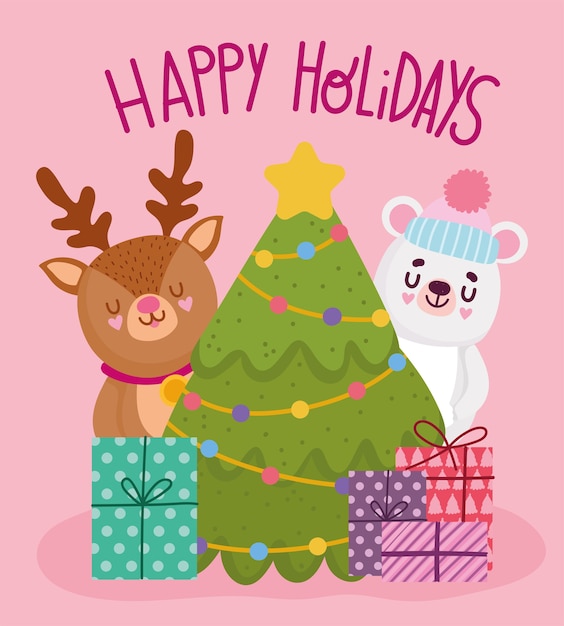 メリークリスマス かわいいクマのトナカイの木の贈り物のお祝い 幸せな休日カードベクトルイラスト プレミアムベクター