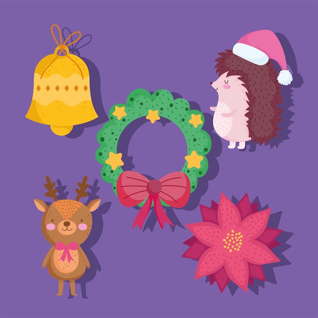 メリークリスマス かわいいハリネズミの花輪花鹿の花と鐘の漫画アイコンイラスト プレミアムベクター