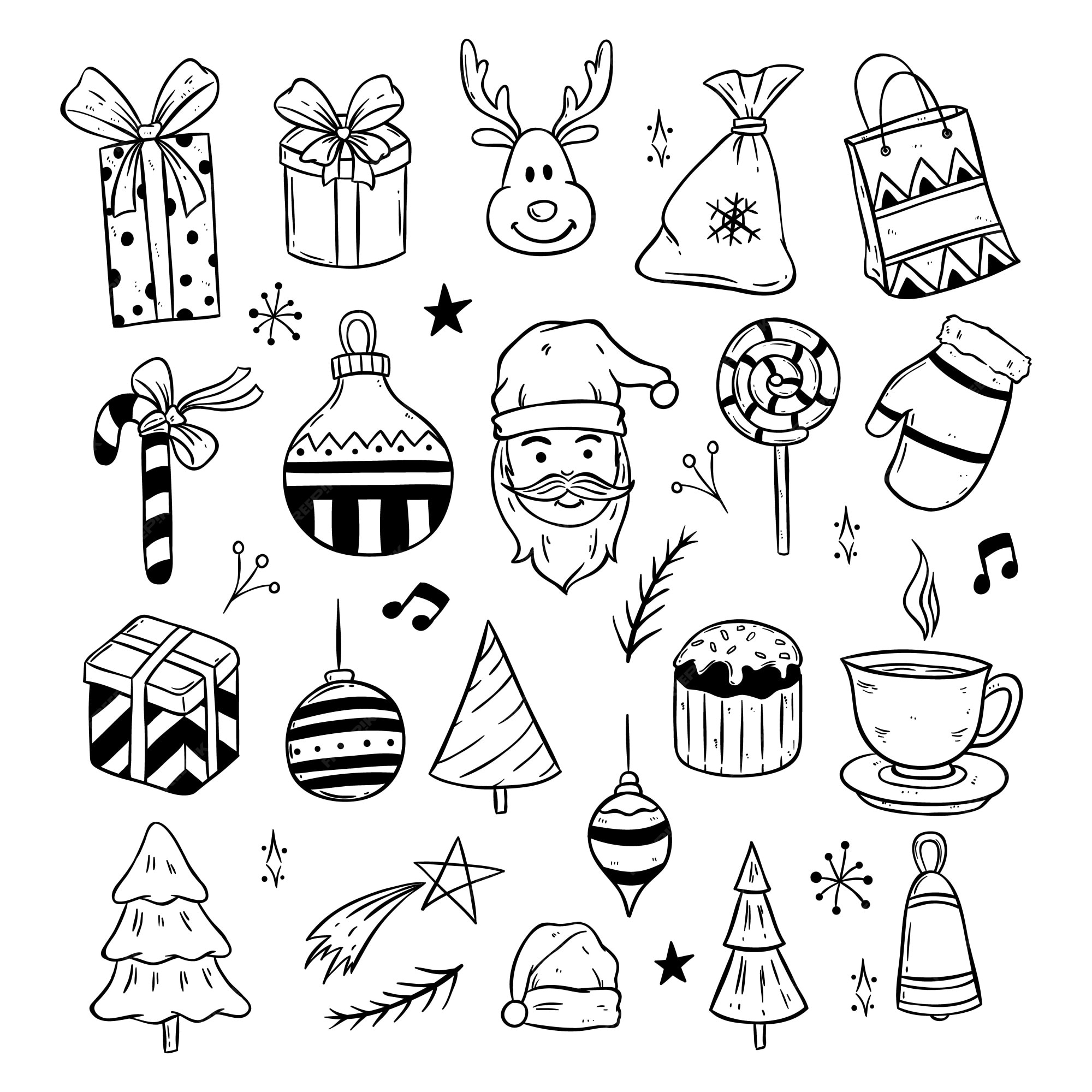 Premium Vector | Merry christmas cute icons with black and white doodle ...