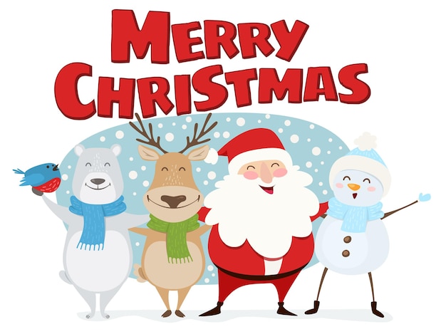 メリークリスマスかわいいイラスト ハッピーサンタクロース ルドルフトナカイ ホッキョクグマ 雪だるまがメリークリスマスを願っています プレミアムベクター