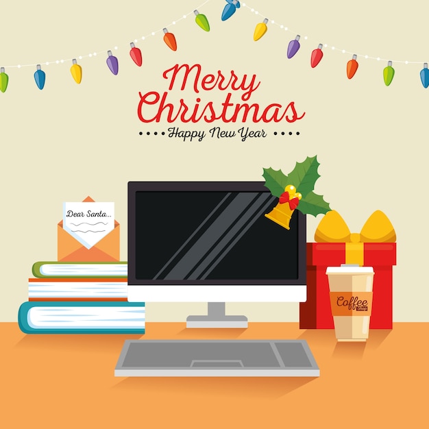 Premium Vector | Merry christmas decorated workplace office