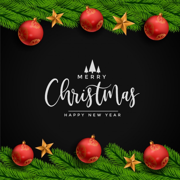 Merry christmas festival card with star ball and leaves Free Vector
