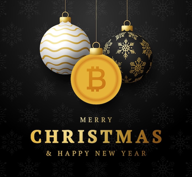 Premium Vector Merry christmas gold bitcoin symbol banner. bitcoin