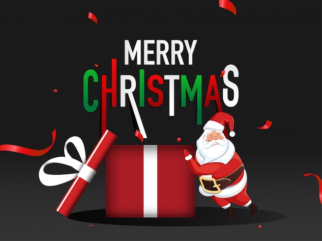 Merry christmas greeting card with big gift and santa