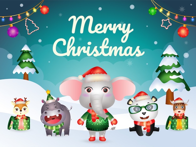 かわいい動物キャラクターのメリークリスマスグリーティングカード 象 パンダ バッファロー カバ 鹿 プレミアムベクター