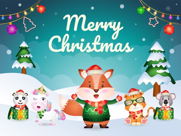 かわいい動物キャラクターのメリークリスマスグリーティングカード キツネ トラ ユニコーン コアラ パンダ プレミアムベクター