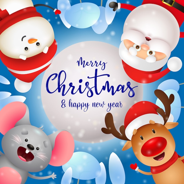 Merry christmas greeting card with cute characters Free Vector