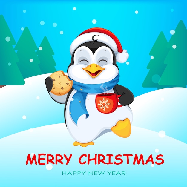 かわいいペンギンとメリークリスマスのグリーティングカード プレミアムベクター