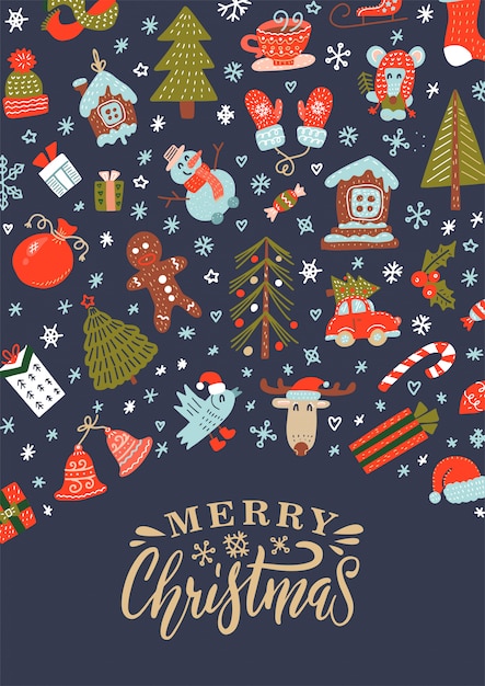 レタリングとクリスマス装飾と文字パターンとメリークリスマスのグリーティングカード プレミアムベクター