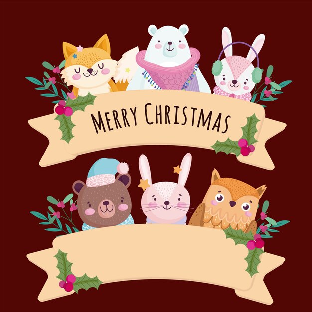 メリークリスマス リボンとヒイラギのベリーのイラストでかわいい動物に挨拶 プレミアムベクター