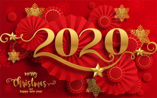 Natale 2020.Merry Christmas Greetings And Happy New Year 2020 Templates With Beautiful Winter And Snowfall Patterned Paper Cut Art Premium Vector
