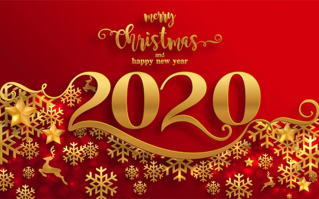 Merry christmas greetings and happy new year 2020 templates with beautiful winter and snowfall ...