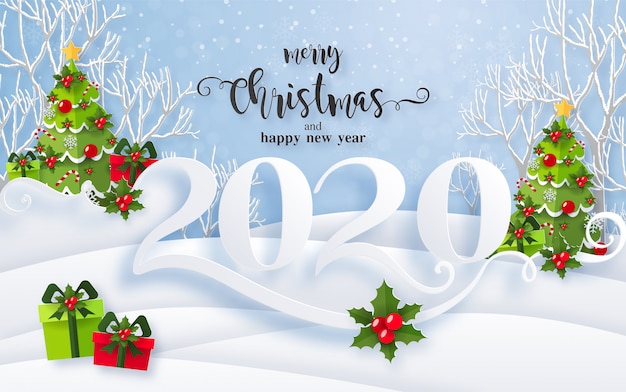 Buon Natale Happy New Year.Premium Vector Merry Christmas Greetings And Happy New Year 2020 Templates With Beautiful Winter And Snowfall Patterned Paper Cut Art