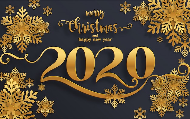 Merry christmas greetings and happy new year 2020 templates with beautiful winter and snowfall ...