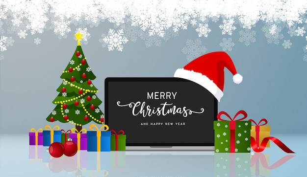 Premium Vector | Merry christmas greetings and happy new year realistic laptop monitor with