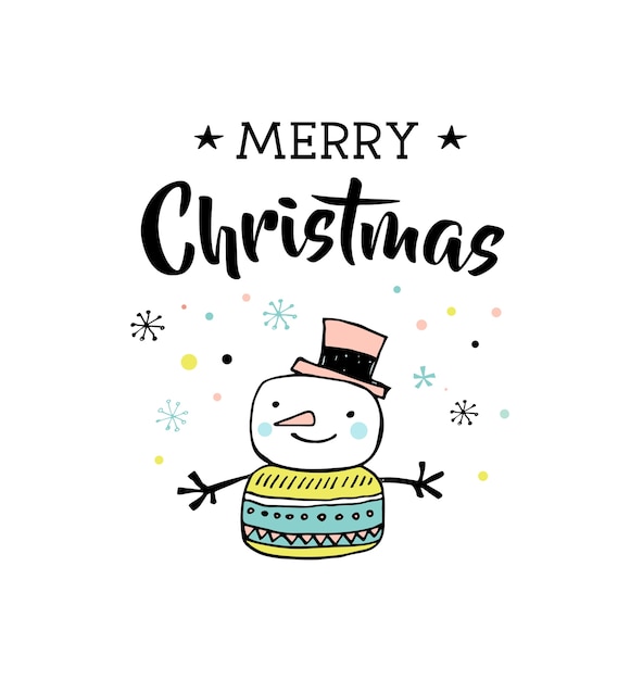 メリークリスマス手描きかわいい落書き イラスト 雪だるまとグリーティングカード レタリング タイポグラフィ プレミアムベクター