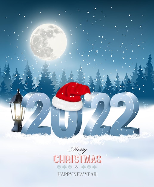 Merry Christmas With Santa 2022 Premium Vector | Merry Christmas And Happy New Year 2022. 3D Numbers With  Santa Hat, Light Bulb On A Winter Landscape Background. Vector