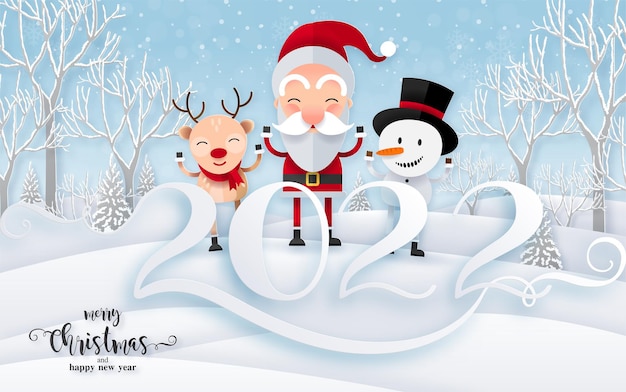 Merry Christmas And Happy New Year 2022 Santa Y Reindeer Premium Vector | Merry Christmas And Happy New Year 2022 Santa Claus,  Snowman, Reindeer And Elf In Christmas Snow Scene With Craft Style On  Background.