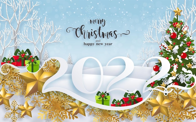 Merry Christmas And Happy New Year 2022 Santa Y Reindeer Premium Vector | Merry Christmas And Happy New Year 2022 Santa Claus,  Snowman, Reindeer And Elf In Christmas Snow Scene With Craft Style On  Background.