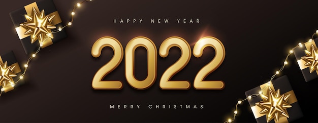 Merry Christmas And Happy New Year 2022 Font Design Premium Vector | Merry Christmas And Happy New Year 2022 Text Design  Background Decorated With Gift Box