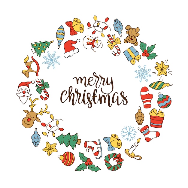 Merry christmas and happy new year background with colored icons. | Free Vector