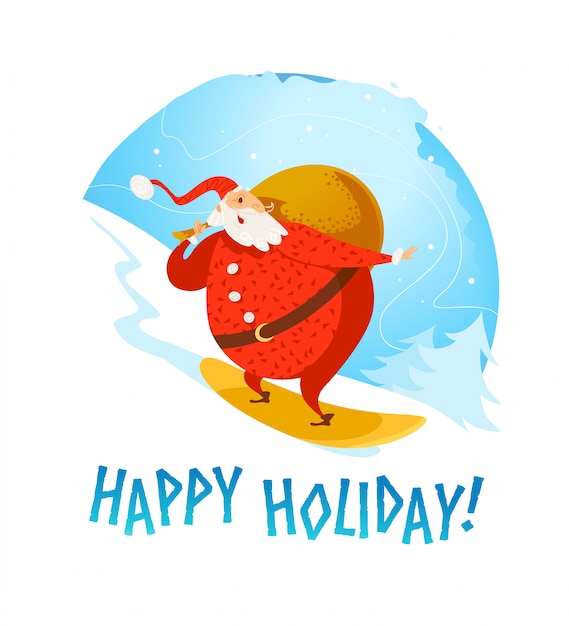 メリークリスマス 新年あけましておめでとうございます スノーボードの肖像画に乗ってサンタクロースのキャラクター 漫画のスタイル クリスマスのポストカード カード 広告 フレアに適しています プレミアムベクター