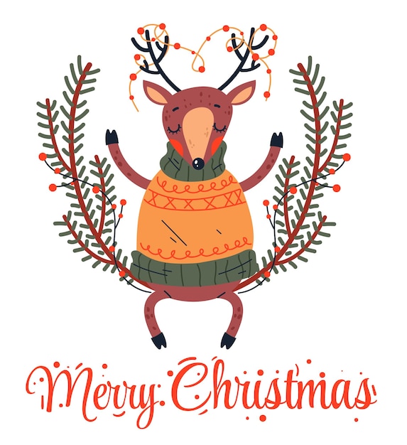 Premium Vector | Merry christmas and happy new year deer celebrating ...