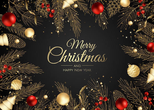 Premium Vector Merry Christmas And Happy New Year Golden Branches Greeting Card