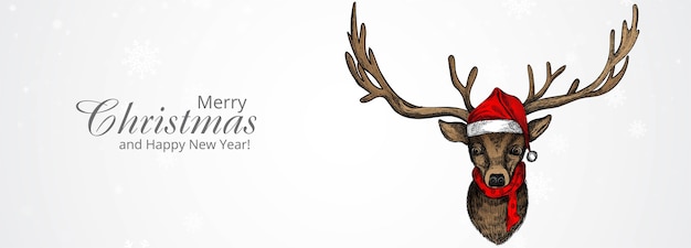 Buon Natale E Felice Anno Nuovo Biglietto Di Auguri Con Schizzo Disegnato A Mano Dei Cervi Di Natale Vettore Gratis