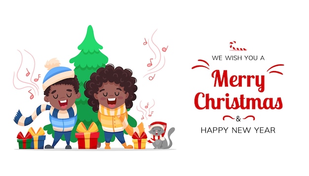 Premium Vector Merry Christmas And Happy New Year Greeting Cartoon Characters African American Black Children And Cat Sing Christmas Carol Song Isolated