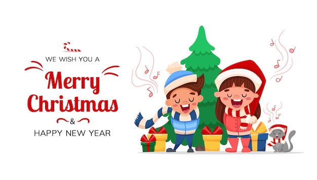 Premium Vector Merry Christmas And Happy New Year Greeting Cartoon Characters Children And Cat Singing Christmas Carol Song Isolated