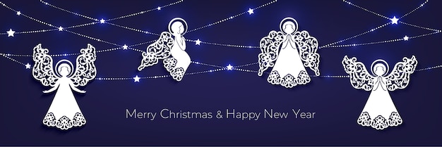 Premium Vector | Merry christmas and happy new year horizontal greeting card.  white paper cut decorative angels, garland with shine stars