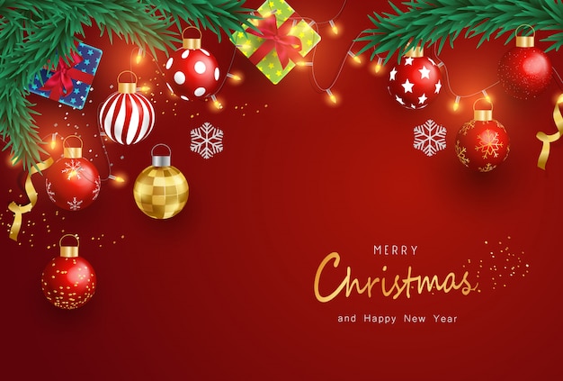 Premium Vector | Merry christmas and happy new year on red background ...