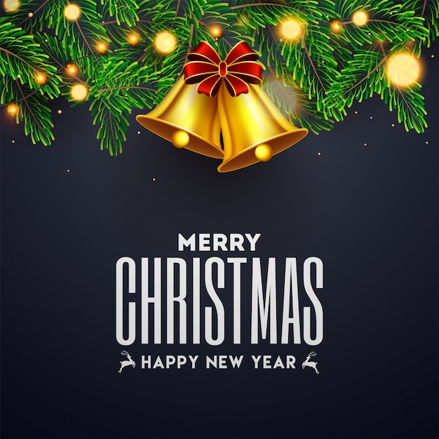 Premium Vector Merry Christmas And Happy New Year Text With Golden Jingle Bell Pine Leaves And Lighting Garland Decorated On Grey Greeting Card