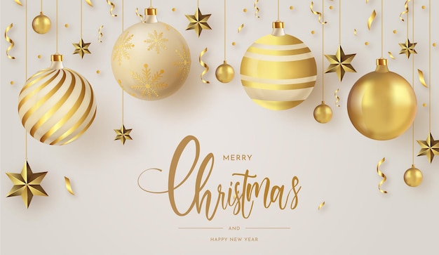 Merry Christmas and happy new year with realistic golden Christmas balls Free Vector